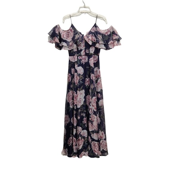 FAME and Partners Navy Floral Cold Shoulder Flowy Maxi Dress Gown, 4 - Picture 3 of 13